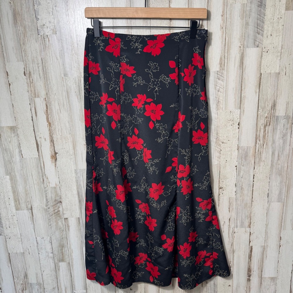 Vintage 90s Kathie Lee Floral Black Red Maxi Skirt Womens Size‎ 10